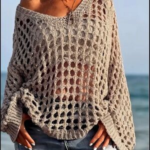 Mesh XXL Sweater Hollow Out Loose Casual Khaki Beige Tan